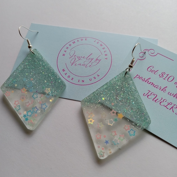 Hand Crafted Jewelry - Hand Crafted Glittering Green and Clear Earrings